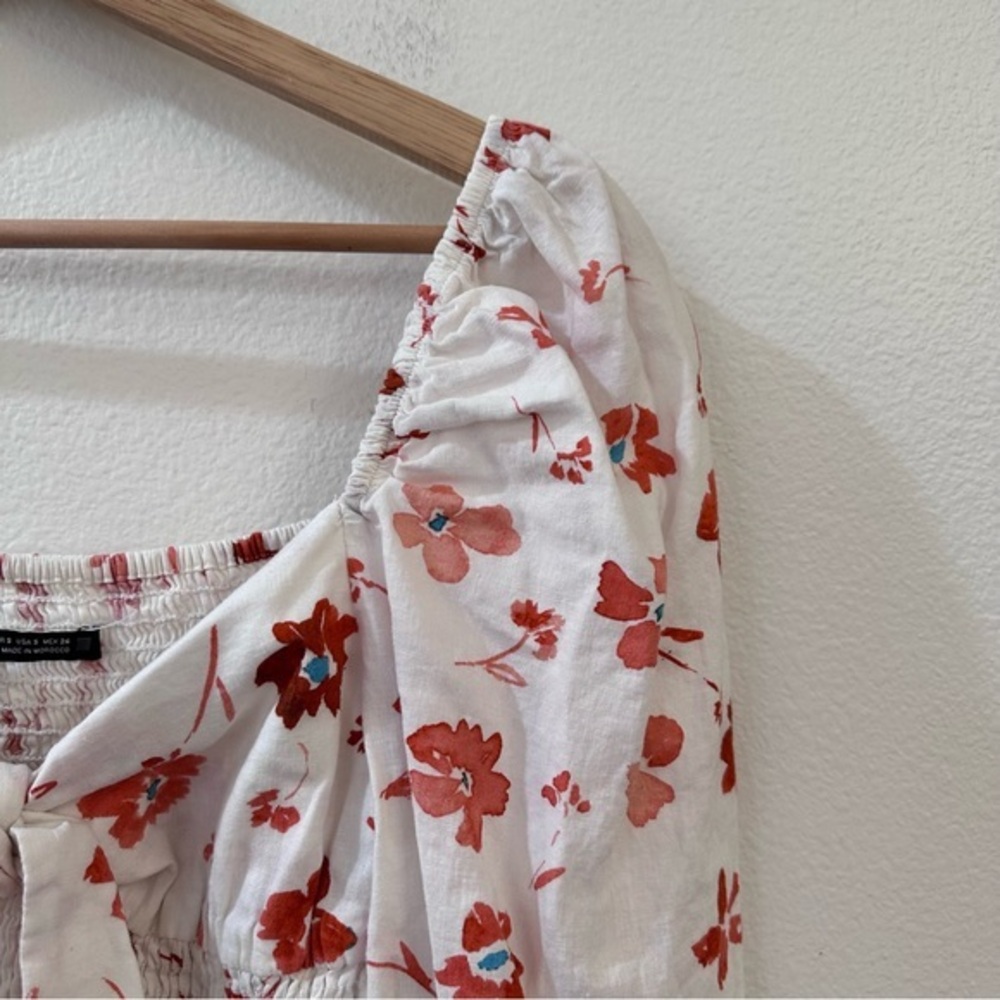 Zara Floral Print Linen Blend Square Neck Puff Sleeve Cropped Blouse‎ Size S - Picture 6 of 10